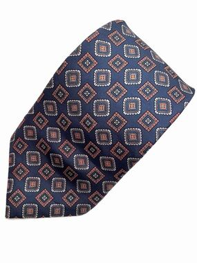 Vintage Italian Silk Tie Navy Blue Copper Geometric Medallion Print